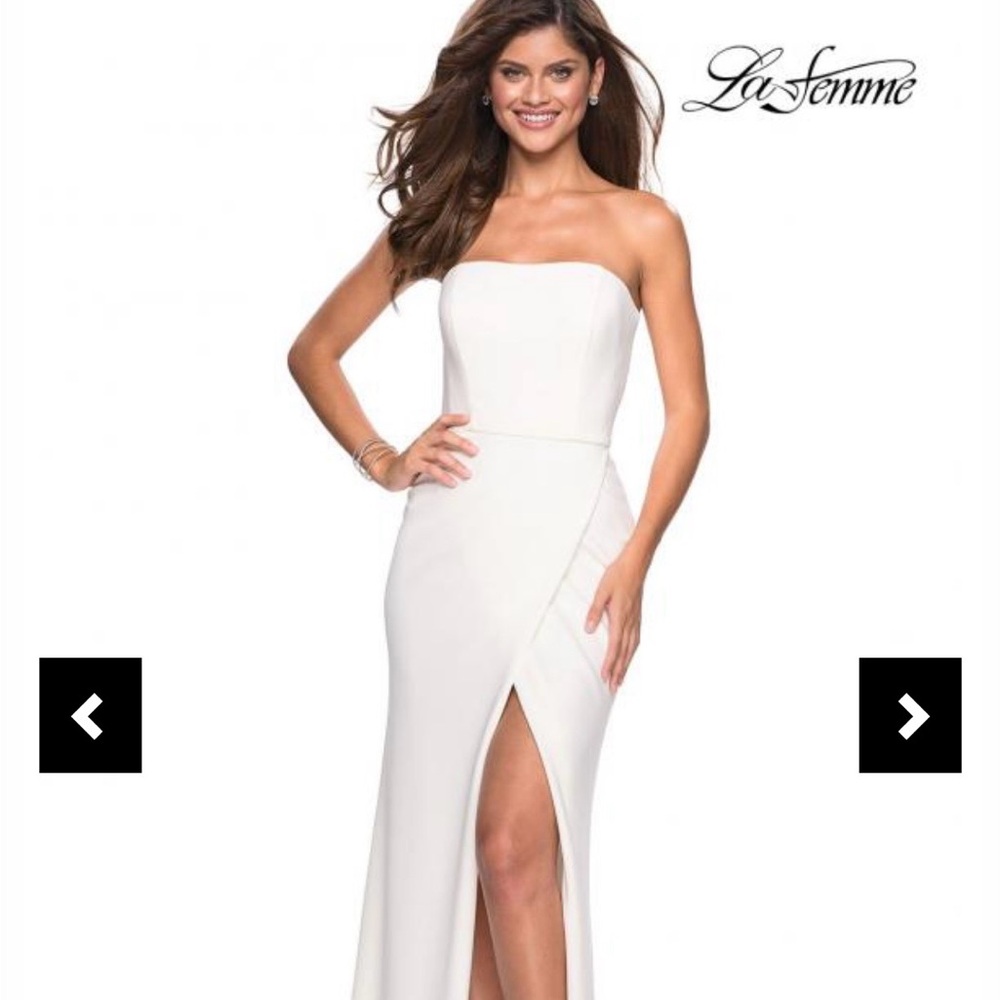 La Femme Strapless White Evening Gown with Side Slit